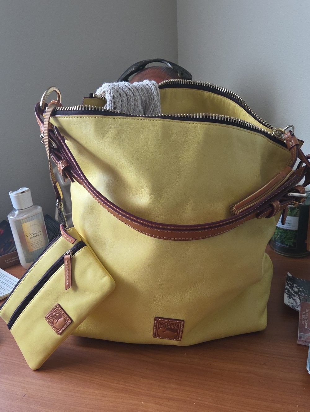 Dooney & Bourke Yellow Leather Tote with Brown Trim